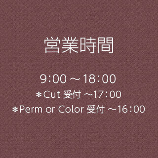 営業時間：9：00～18：00 ＊Cut 受付 〜17：00 ＊Perm or Color 受付 〜16：00